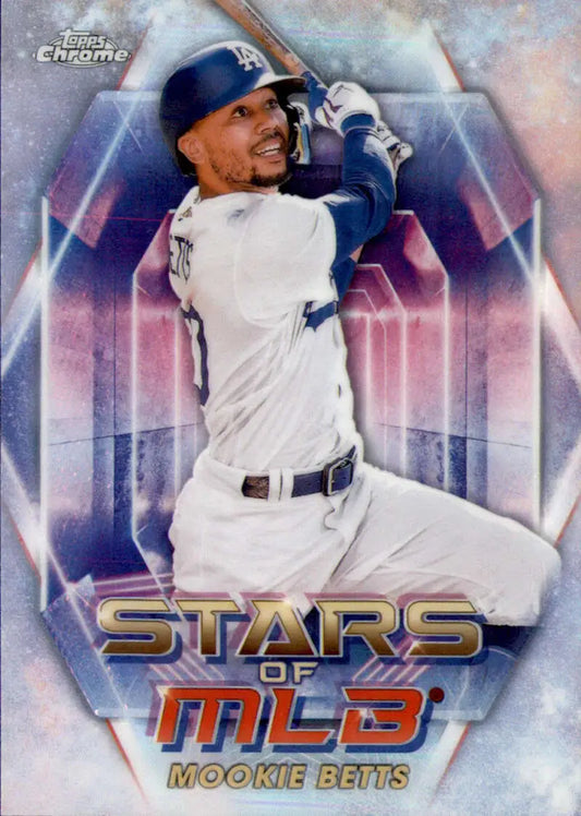 Mookie Betts in batting stance on 2023 Topps Chrome Refractor baseball card