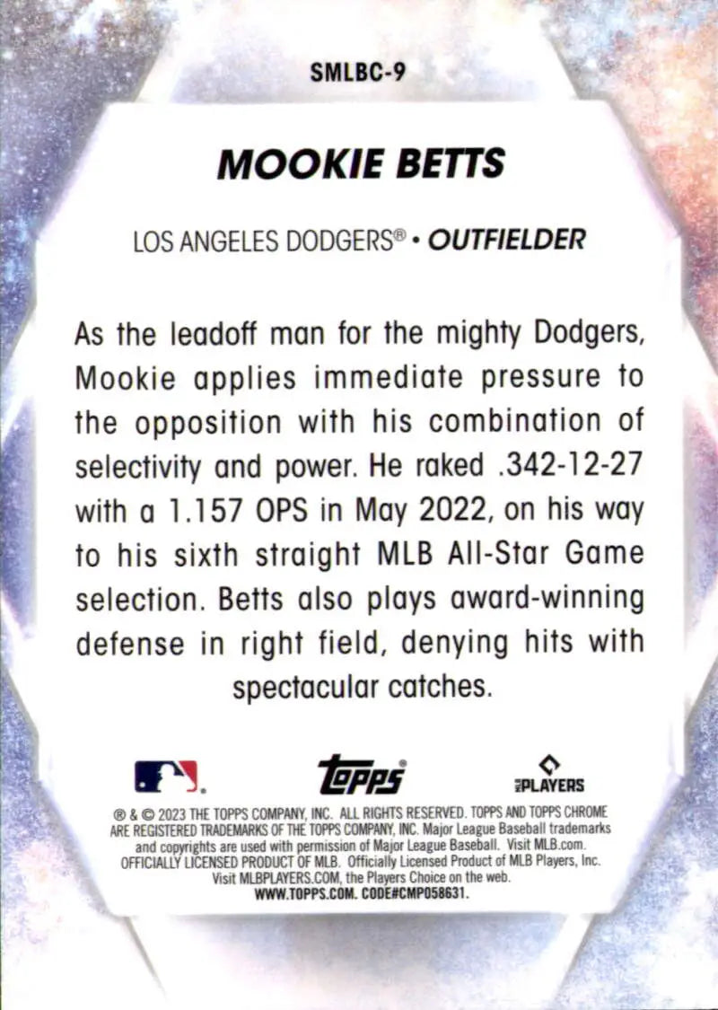 Mookie Betts Los Angeles Dodgers Chrome Refractor baseball card from 2023 Topps series