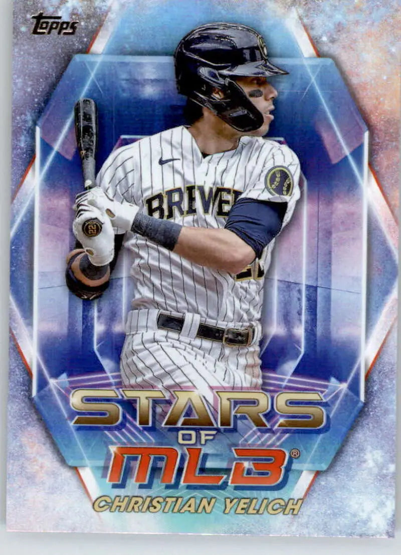 Baseball card of Christian Yelich in pinstriped home uniform for Milwaukee Brewers