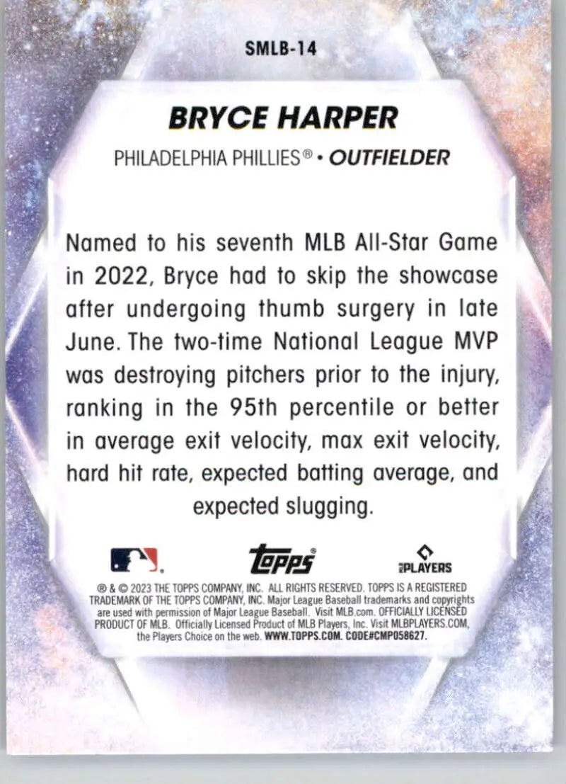 Bryce Harper Philadelphia Phillies baseball card featuring career highlights and statistics