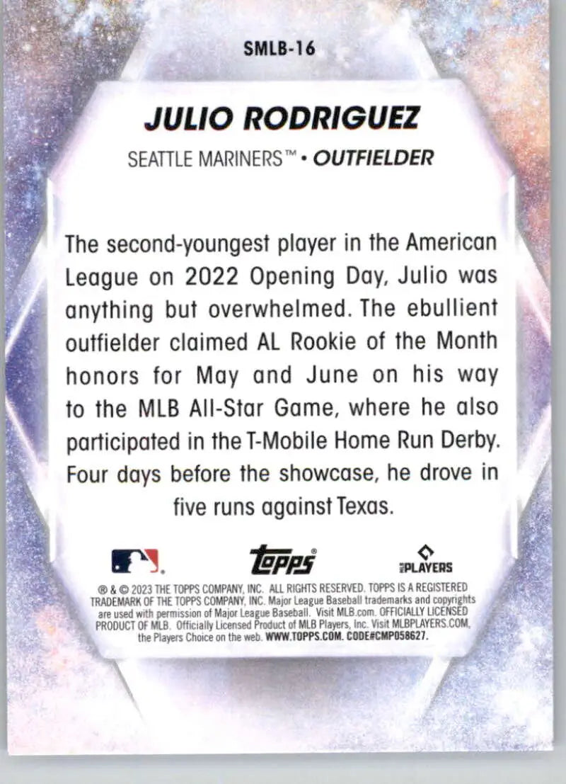 Julio Rodriguez Seattle Mariners Topps Stars MLB trading card showcasing player stats and achievements