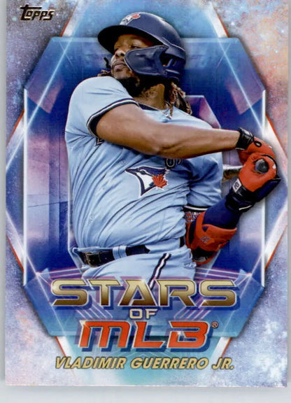 Baseball card of Vladimir Guerrero Jr. swinging for the Toronto Blue Jays 2023 Topps collection