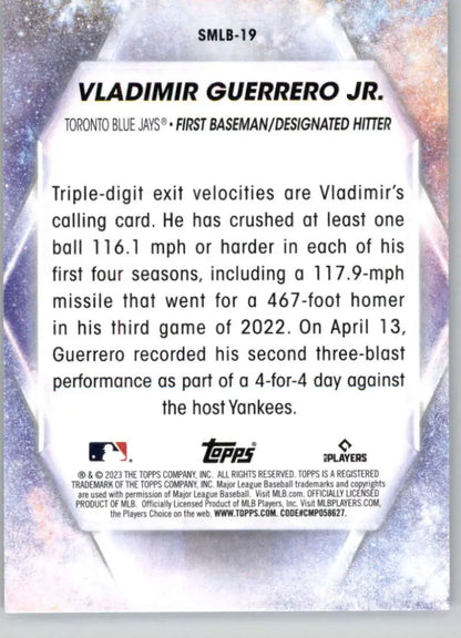 Vladimir Guerrero Jr. baseball card showcasing Blue Jays hitting achievements and stats