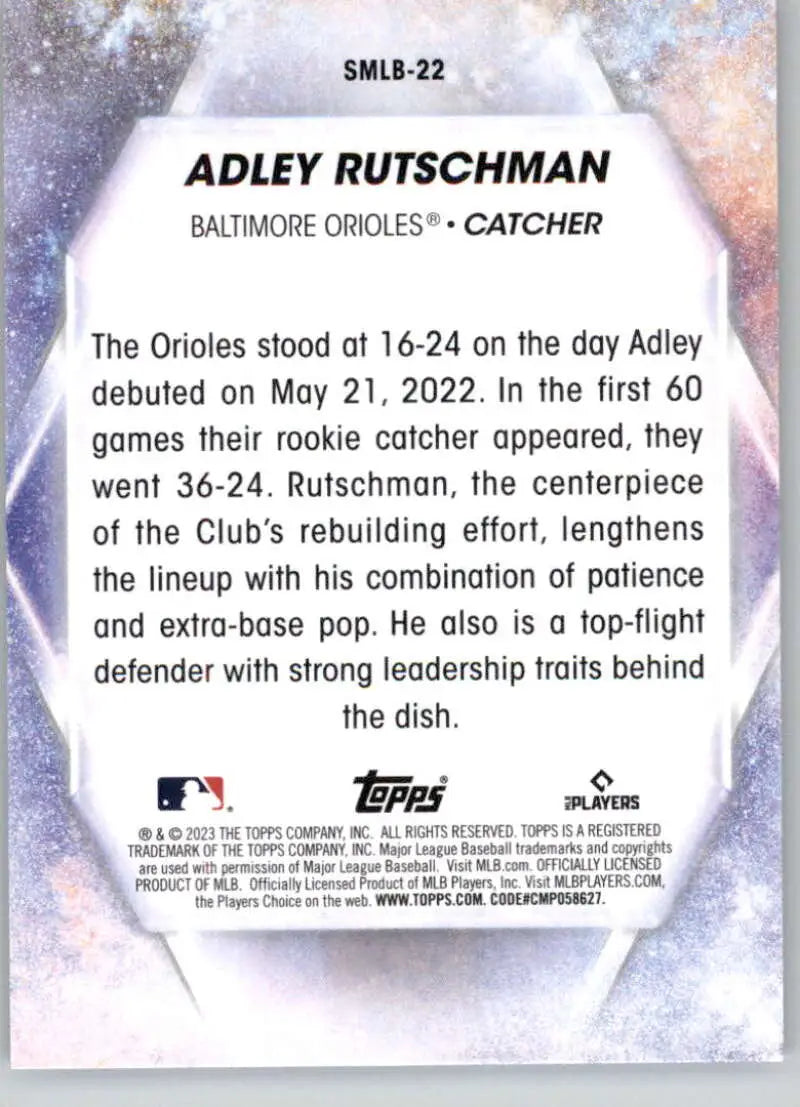 Adley Rutschman Baltimore Orioles baseball card featuring player statistics and info