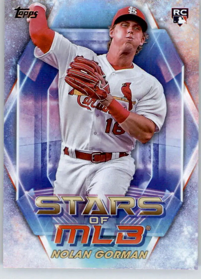 Topps baseball card of Nolan Gorman pitching for the St. Louis Cardinals in white uniform