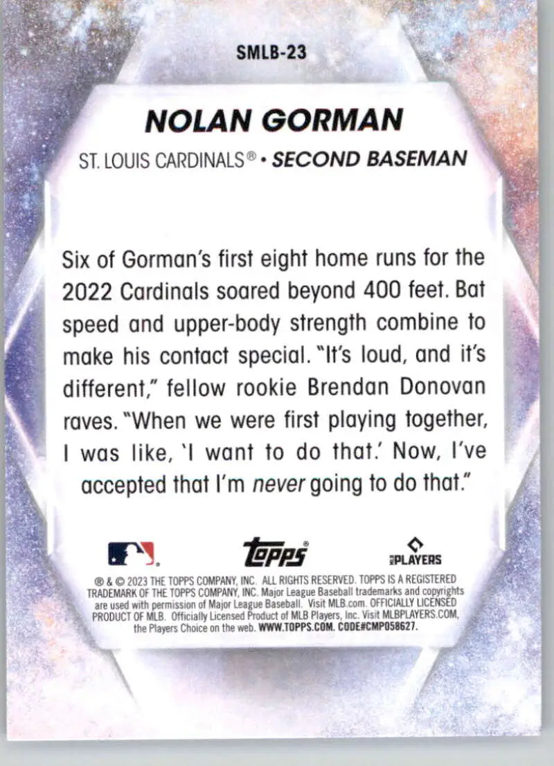 Nolan Gorman baseball card featuring stats and home run quote for St. Louis Cardinals