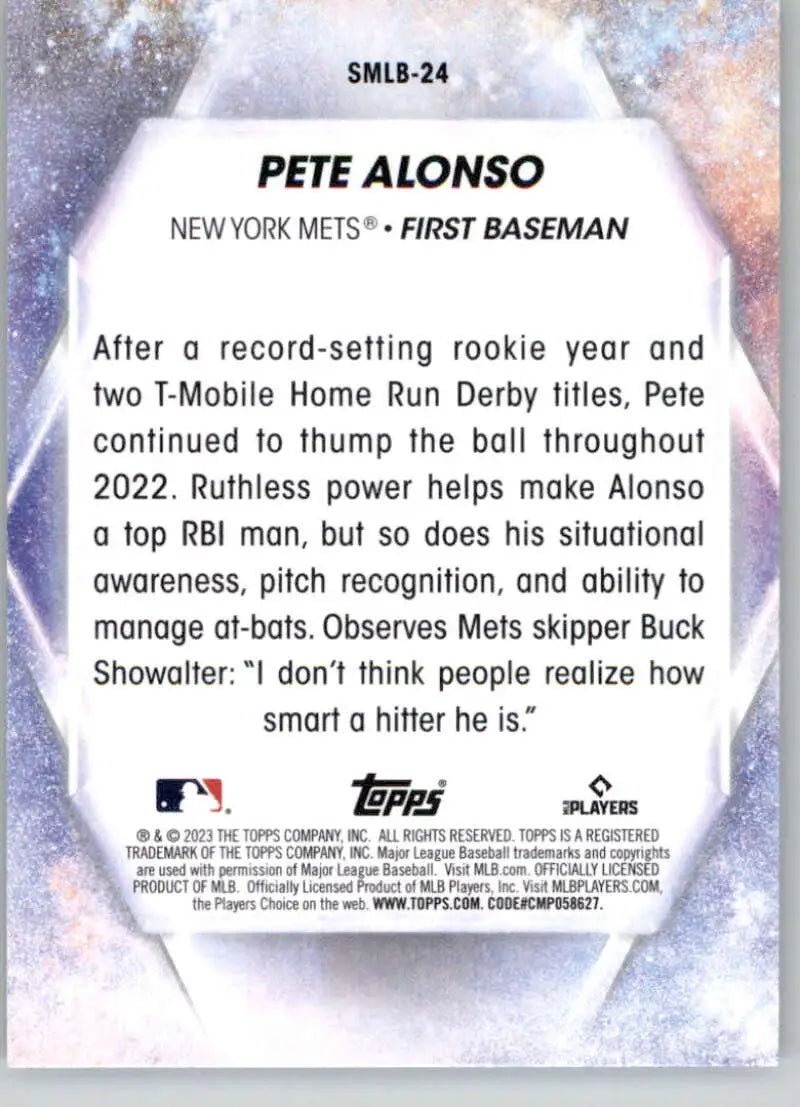 Pete Alonso Baseball Card from Topps Stars featuring stats and bio for New York Mets first baseman