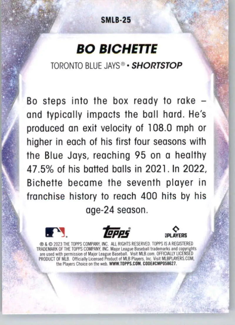 Bo Bichette Toronto Blue Jays Baseball Card displaying statistics and career highlights