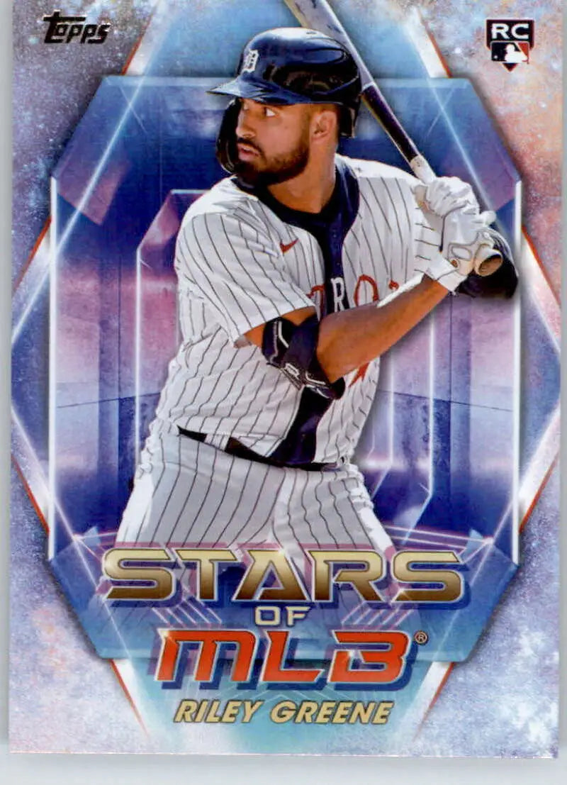 Topps Stars MLB card featuring Riley Greene of the Detroit Tigers at bat in pinstripes