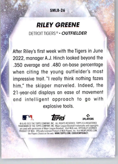 Riley Greene 2023 Topps Stars baseball card highlighting his debut week with Detroit Tigers