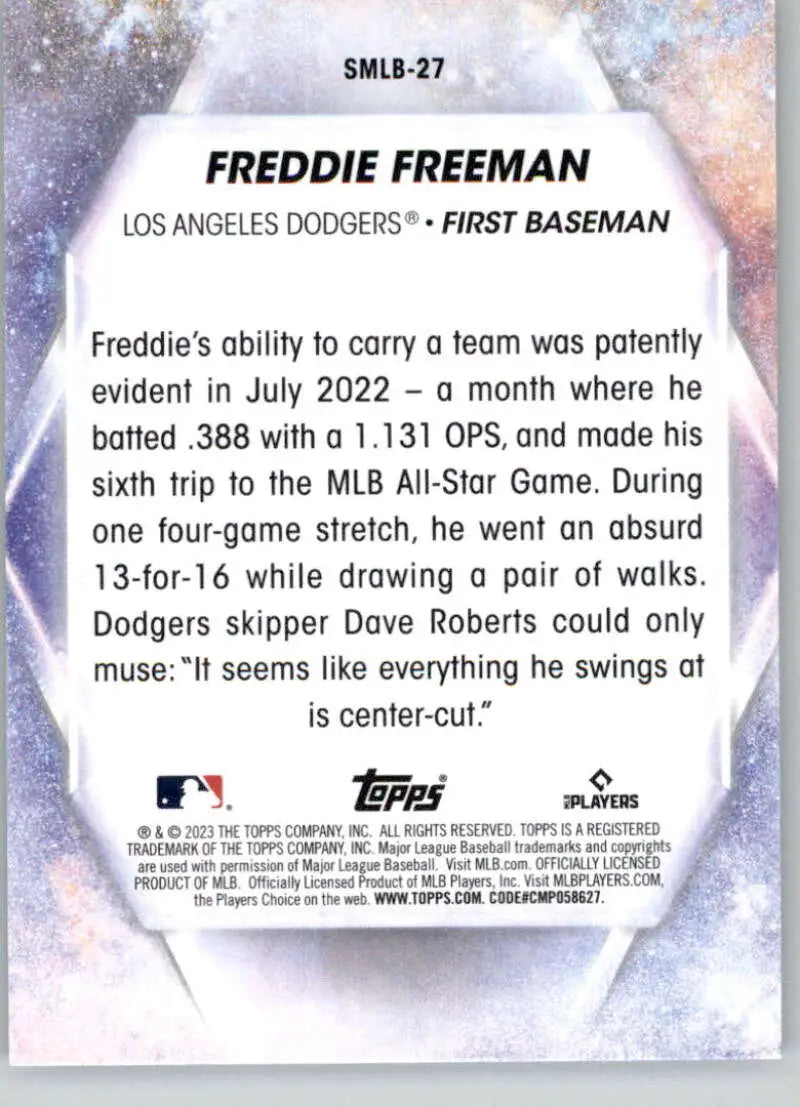 Freddie Freeman Los Angeles Dodgers baseball card showcasing player stats and biography