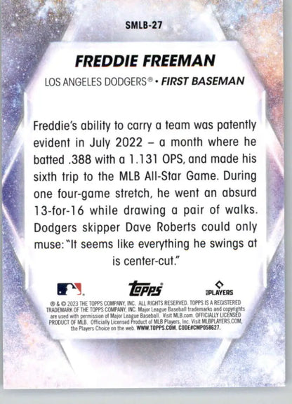 Freddie Freeman Los Angeles Dodgers baseball card showcasing player stats and biography