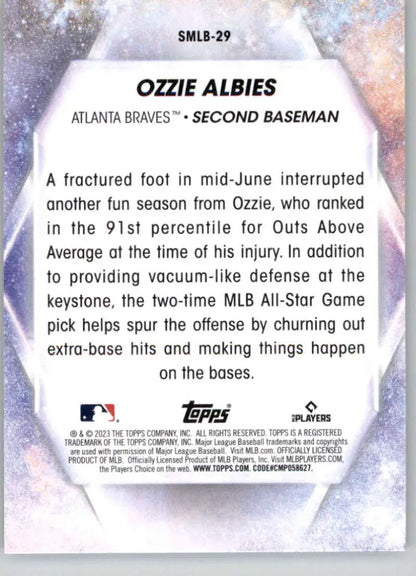 Ozzie Albies Atlanta Braves baseball card featuring stats and bio from 2023 Topps set