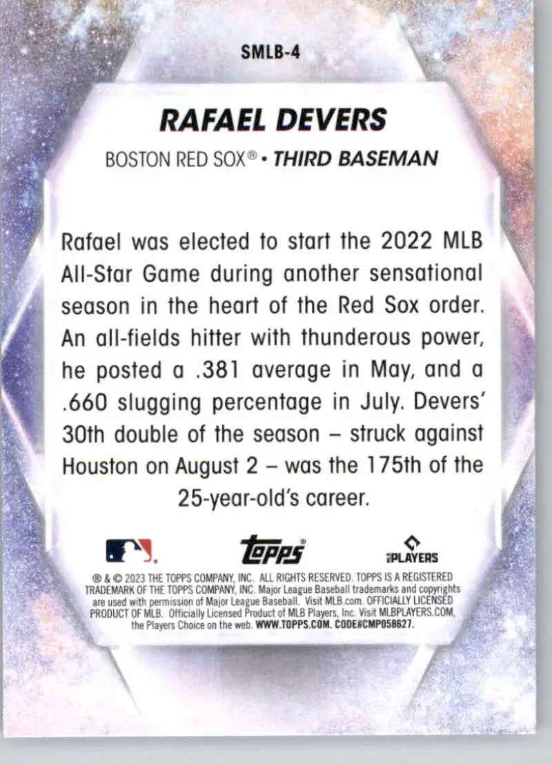 Rafael Devers 2023 Topps Stars baseball card featuring Boston Red Sox statistics and highlights