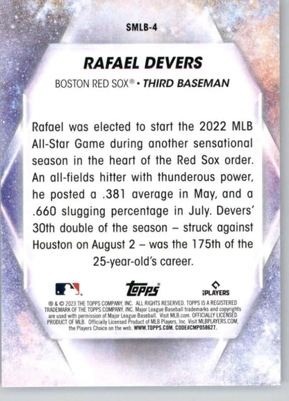 Rafael Devers 2023 Topps Stars baseball card featuring Boston Red Sox statistics and highlights