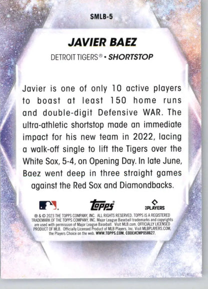 Baseball card featuring Javier Baez career stats for Detroit Tigers 2023 Topps