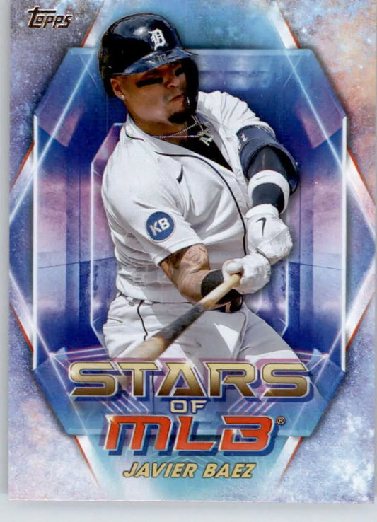 Javier Baez swinging a bat on a Detroit Tigers baseball card from 2023 Topps Stars of MLB