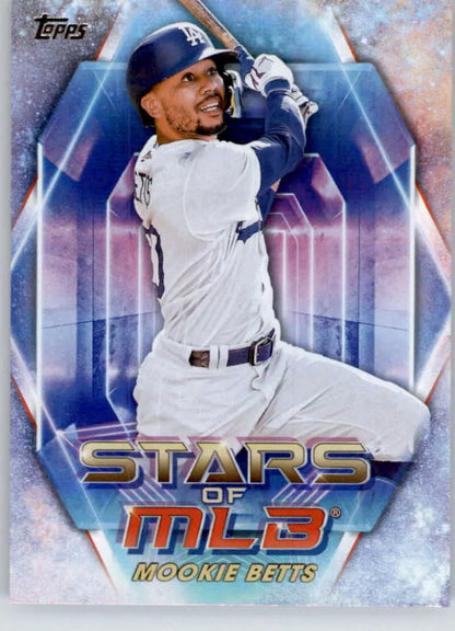 Topps baseball card of Mookie Betts swinging for the Los Angeles Dodgers