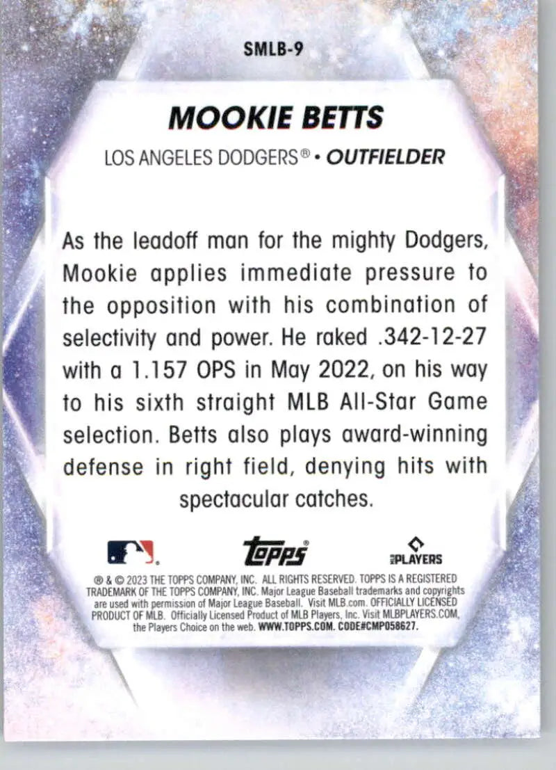 Baseball card of Mookie Betts, Los Angeles Dodgers outfielder, 2023 Topps Stars