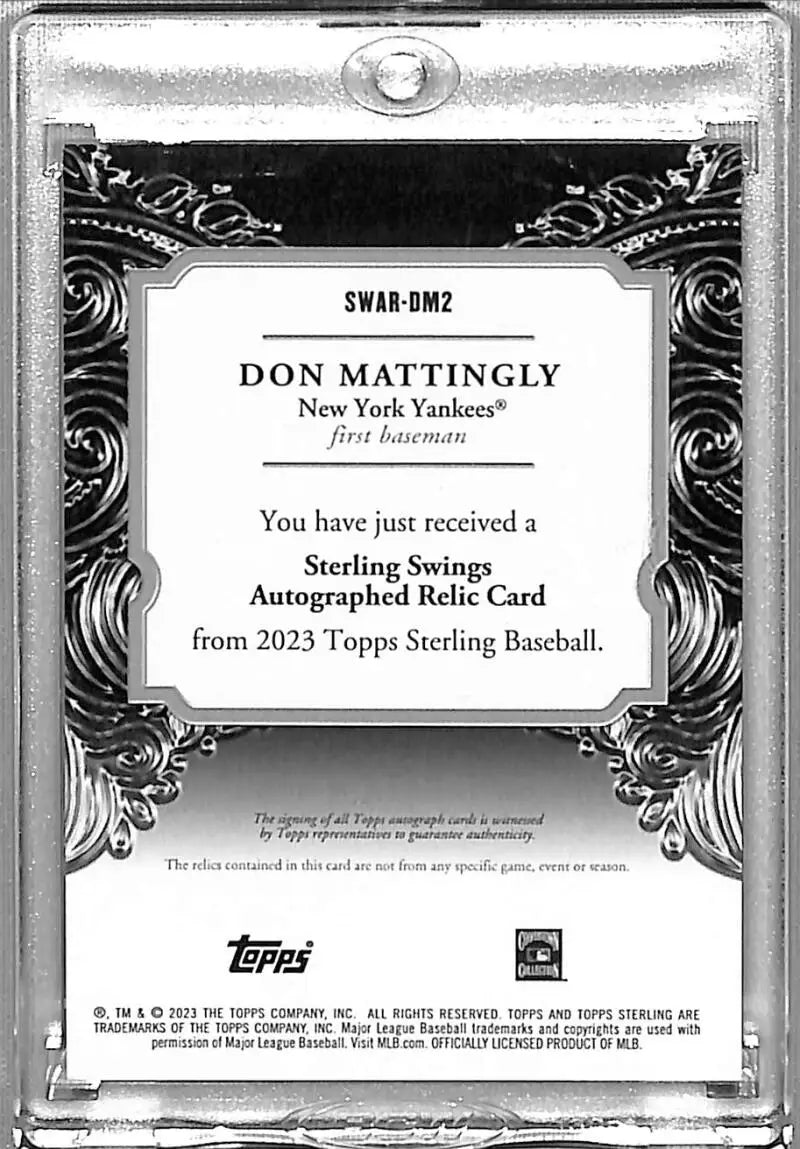 Back of 2023 Topps Sterling Baseball Card featuring Don Mattingly, New York Yankees relic