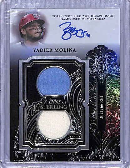 Signed Yadier Molina Topps Sterling Swings Relics baseball card with game-used patches