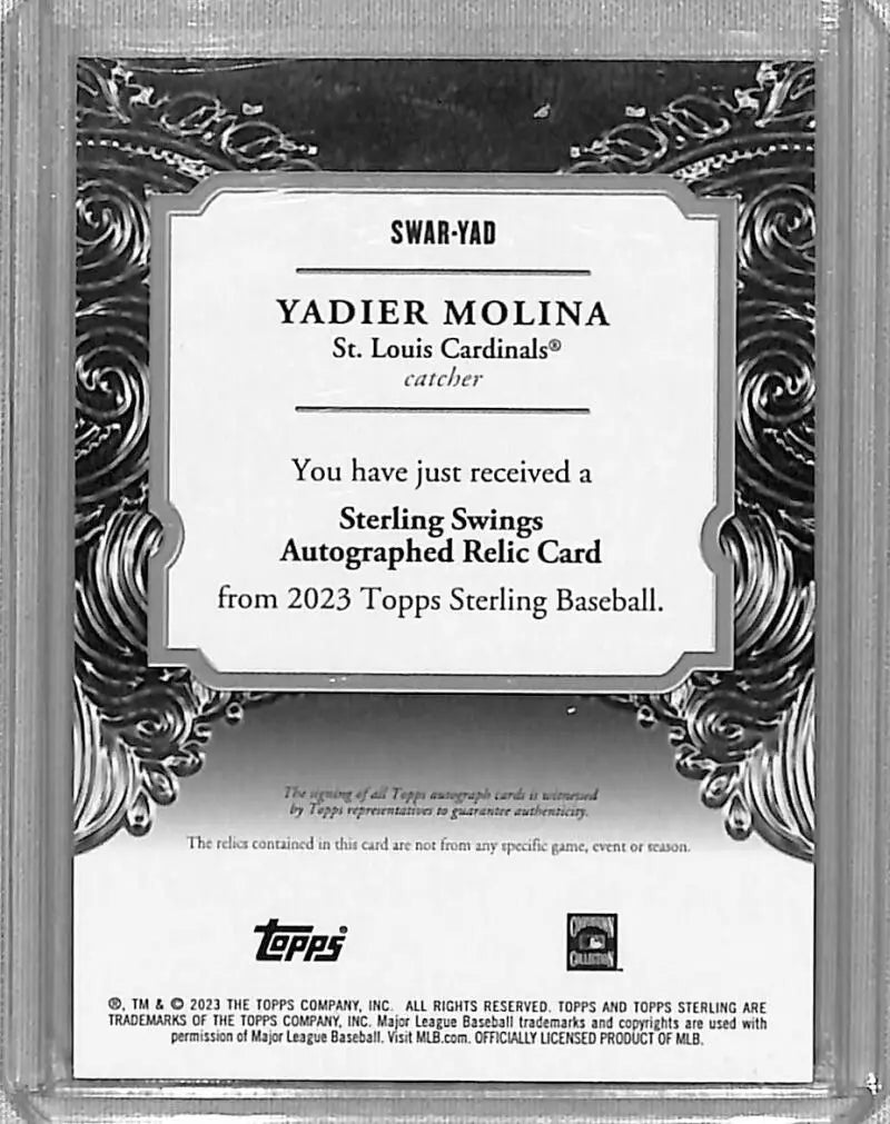 Certificate of authenticity for 2023 Topps Sterling Swings Relics Yadier Molina card