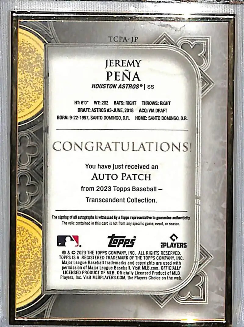 Baseball card featuring Jeremy Pena autographed patch from 2023 Topps Transcendent Collection