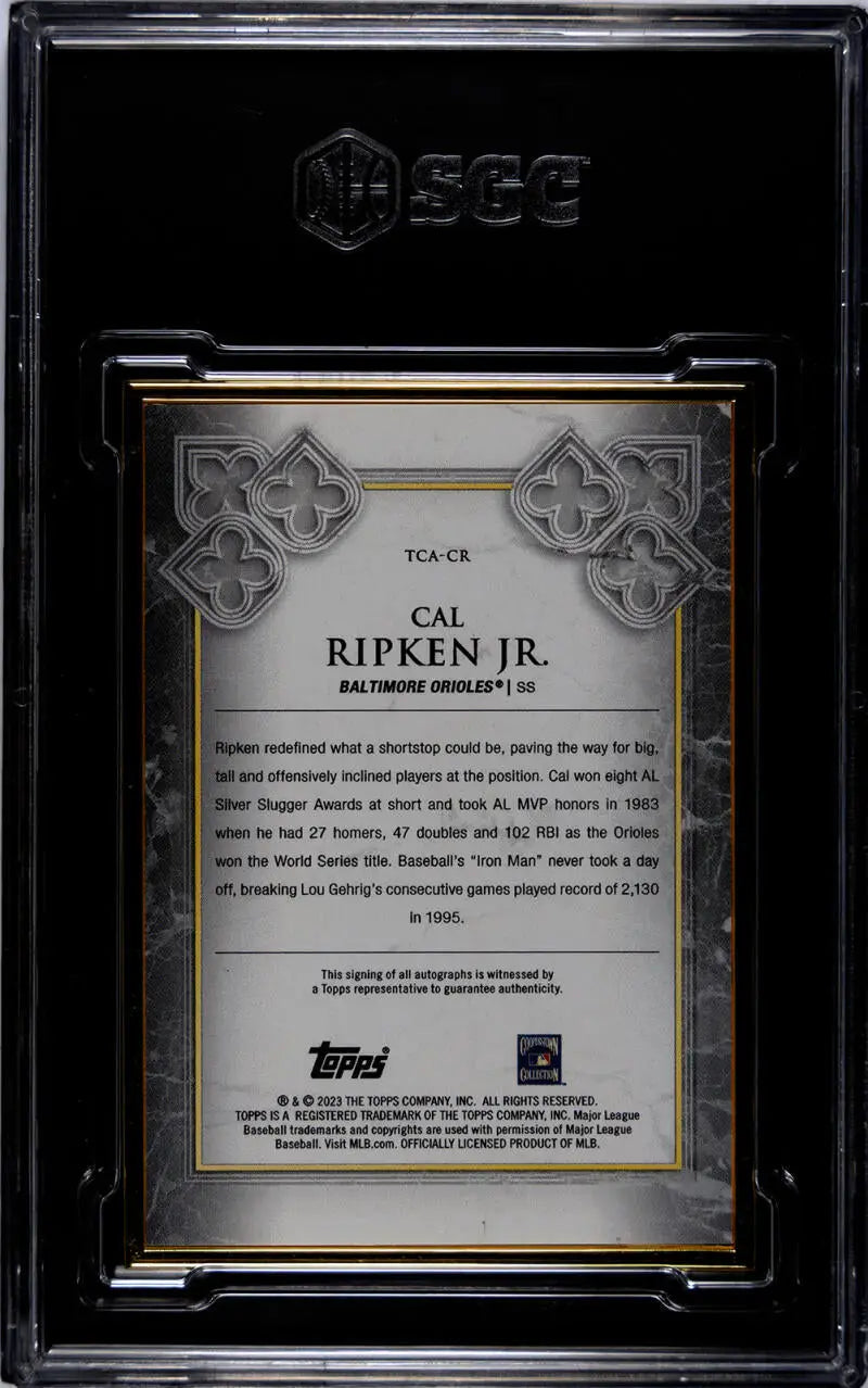 Back of 2023 Topps Transcendent TCACR Cal Ripken Jr. Baseball Card in protective holder