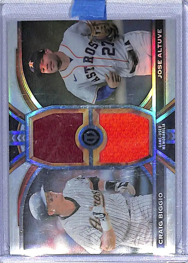 Baseball card featuring Craig Biggio and Jose Altuve with Houston Astros jersey swatches