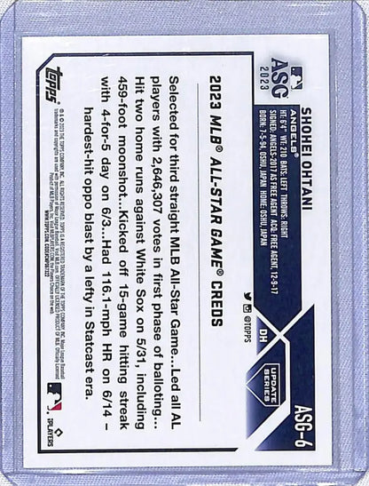 Back of 2023 Topps Update All-Star Game Shohei Ohtani trading card with stats