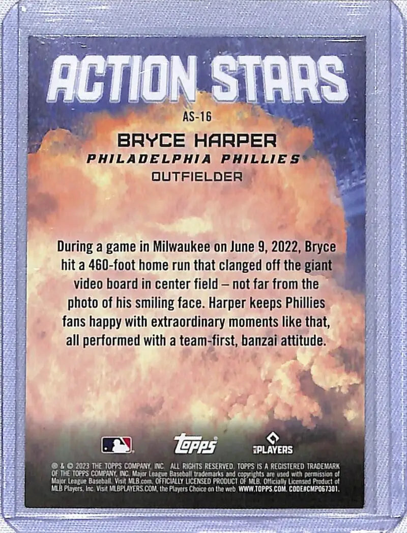 Baseball card back detailing Bryce Harper’s home run for Philadelphia Phillies in Topps Update