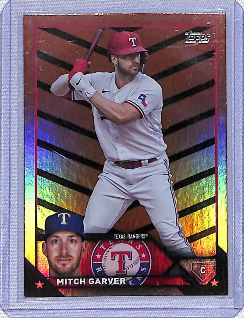 Baseball trading card of Mitch Garver in Texas Rangers uniform from Topps Update Orange