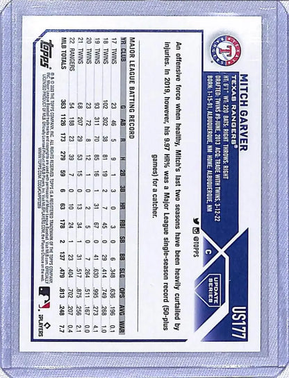 Baseball trading card of Mitch Garver with statistics and blue border for Texas Rangers