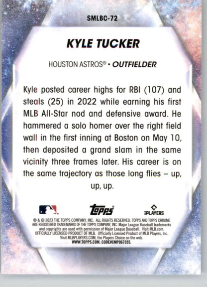 Baseball card featuring Kyle Tucker’s stats in 2023 Topps Update Chrome Refractor