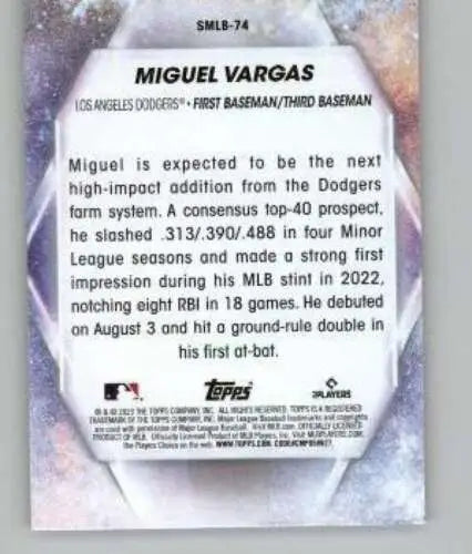 Baseball card back of 2023 Topps Update Series Stars of MLB Miguel Vargas NM-MT