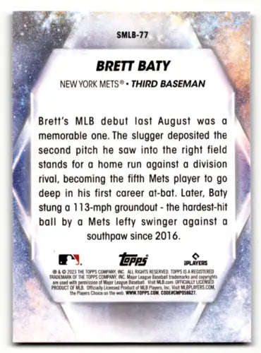 Baseball card back of 2023 Topps Update Series Stars featuring Brett Baty Mets NM-MT