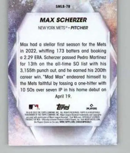 Baseball card back of 2023 Topps Update Series Stars featuring Max Scherzer NM-MT Mets