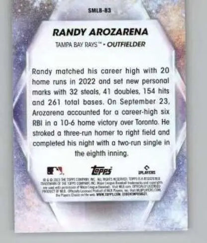 Baseball card back of 2023 Topps Update Series Stars featuring Randy Arozarena NM-MT