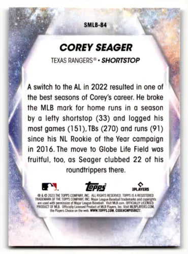 Corey Seager baseball card back from 2023 Topps Update Series Stars of MLB collection