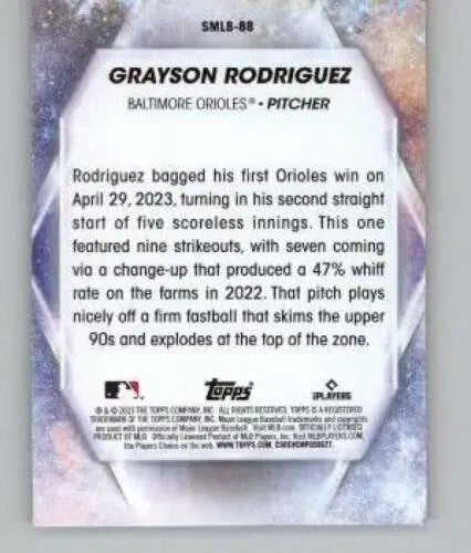 Baseball card back of 2023 Topps Update Series Stars featuring Grayson Rodriguez NM-MT