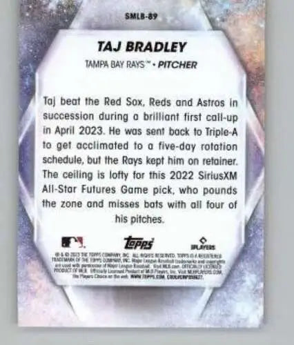 Baseball card back of 2023 Topps Update Series Stars featuring Taj Bradley Rays