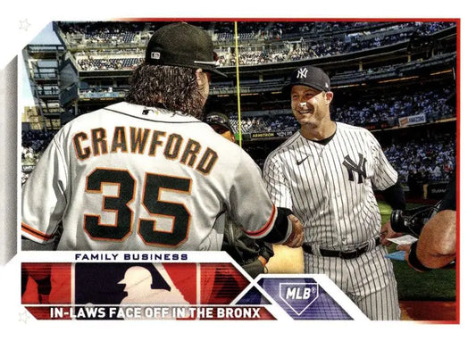 Baseball card of Gerrit Cole and Brandon Crawford greeting on field for New York Yankees