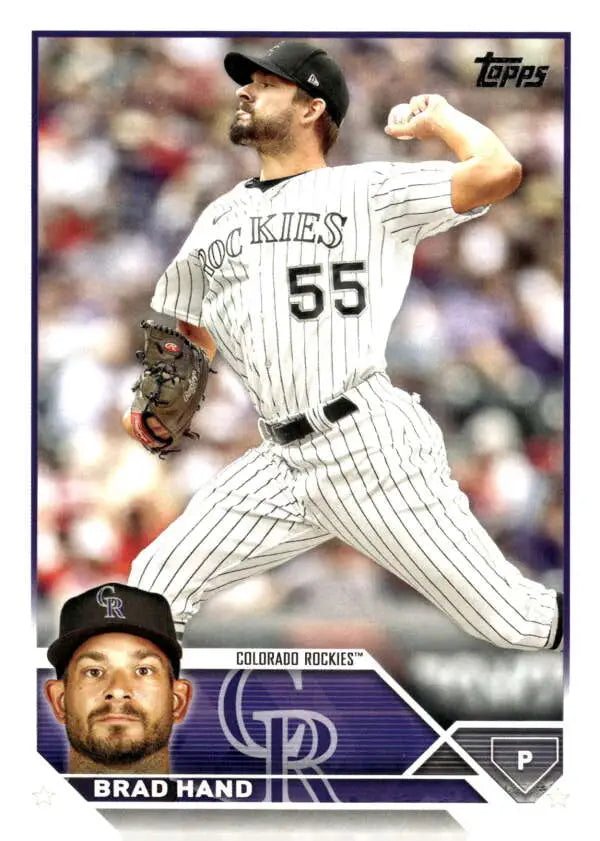 Baseball card of Brad Hand in Colorado Rockies pinstripes from Topps Update Series