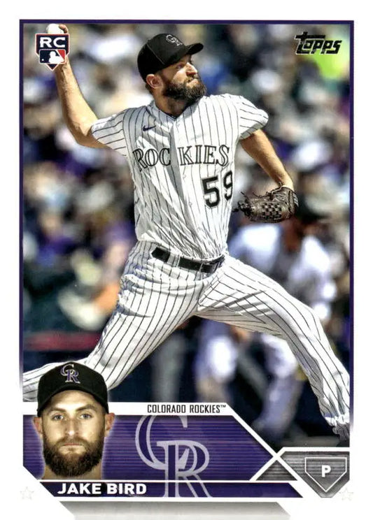 Baseball card of Jake Bird mid-throw for the Colorado Rockies in Topps Update Series