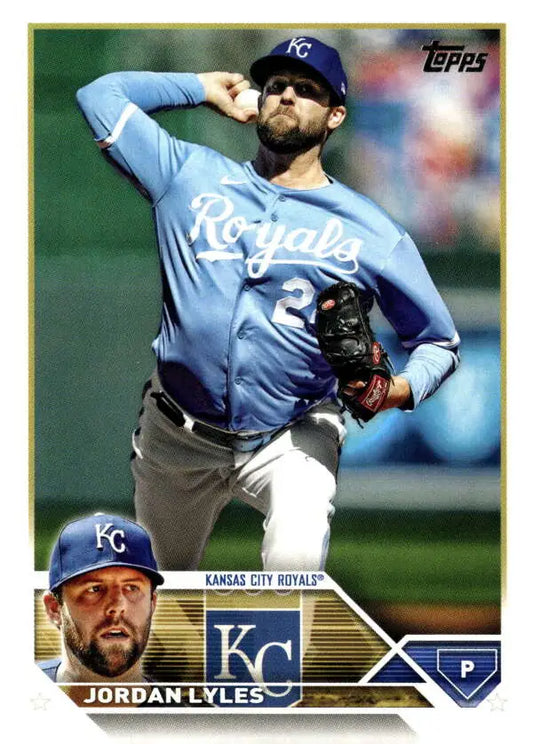 Jordan Lyles Kansas City Royals pitcher baseball card in light blue uniform mid-delivery