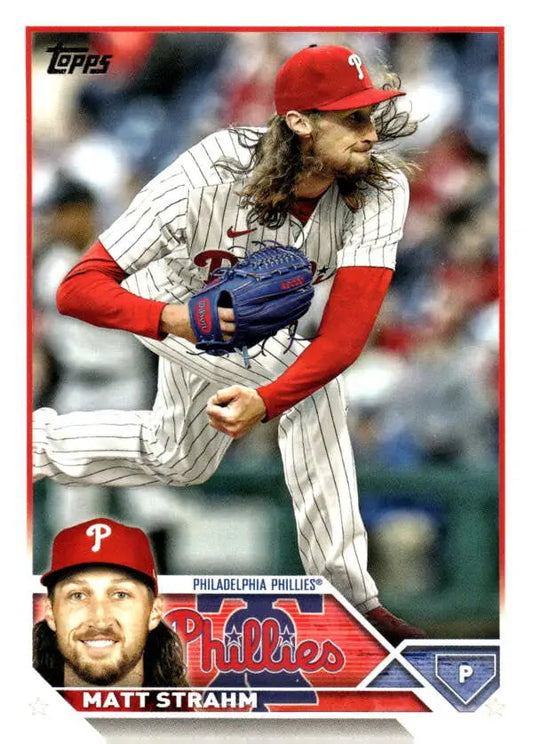 Matt Strahm mid-throw on 2023 Topps Update Series Philadelphia Phillies card