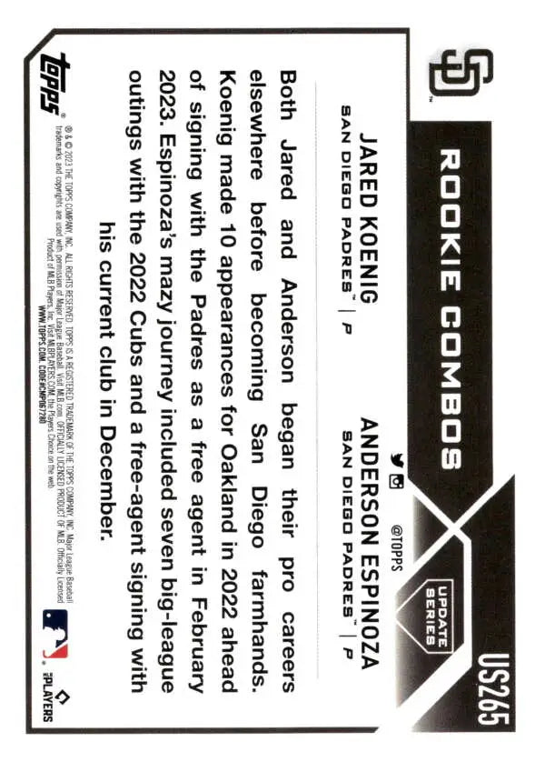 Back side of 2023 Topps Update Series Jared Koenig Anderson Espinoza baseball card stats