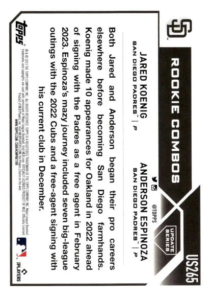 Back side of 2023 Topps Update Series Jared Koenig Anderson Espinoza baseball card stats