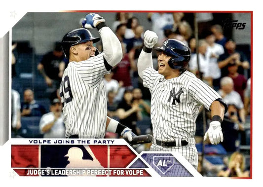 Baseball trading card featuring Anthony Volpe and Aaron Judge celebrating for the Yankees