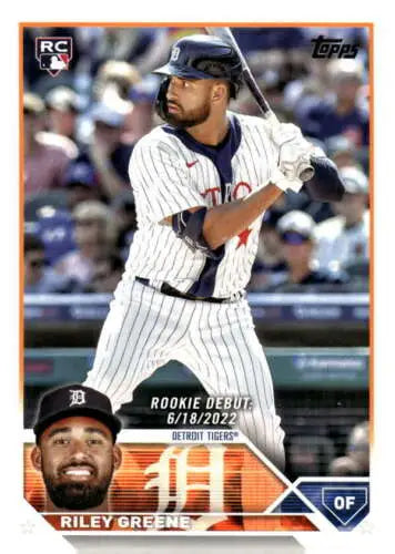 Baseball card of Detroit Tigers outfielder in pinstripes, Topps Update Series US298 Riley Greene